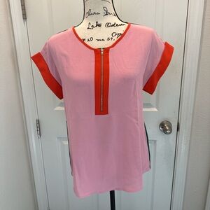 No Brand Name Pink Contrast-Trim Short Sleeve Top with Front Zip